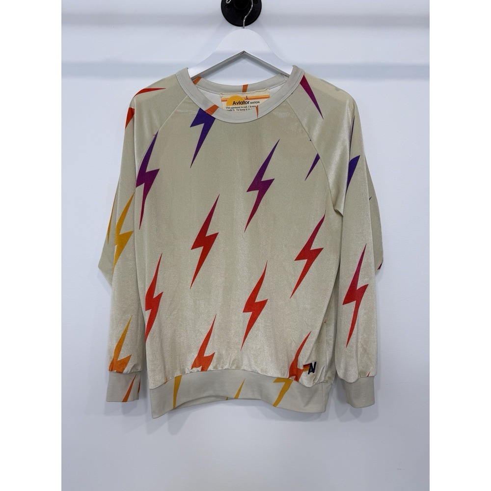 Aviator Nation Velvet Bolt Repeat Crew Sweatshirt L Vintage White Velour